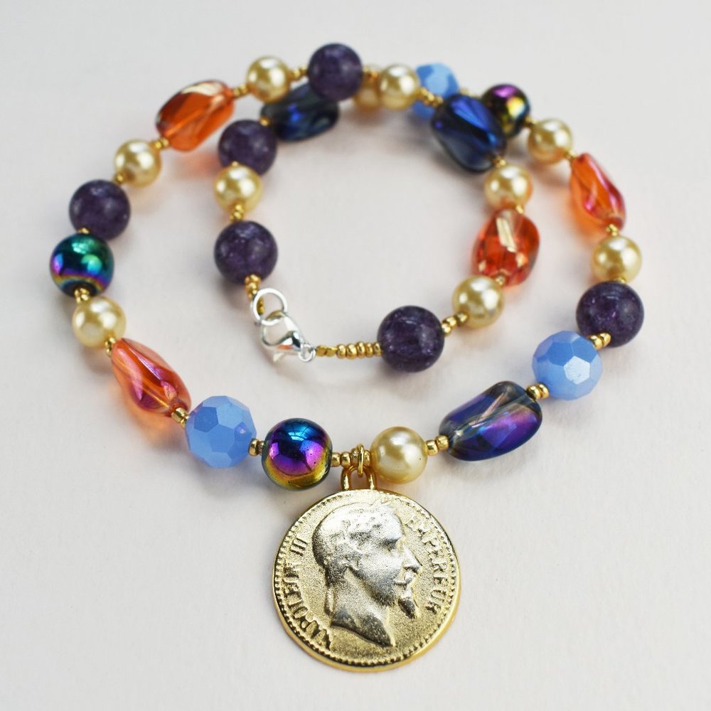 Gold coin charm choker, colorful multi beads and pearl short chunky necklace